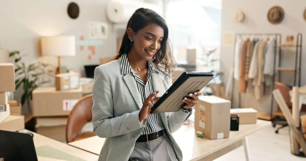 A businesswoman checking her tablet
