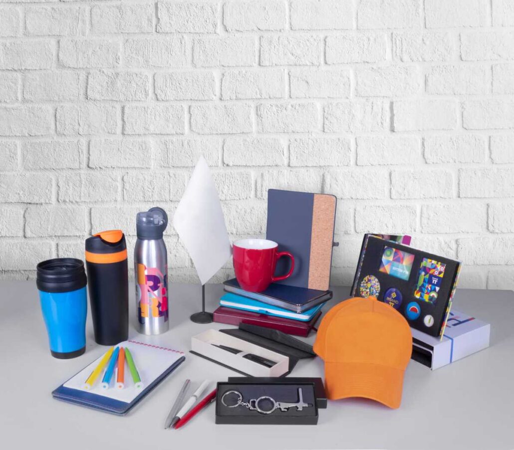 Promo products on a table for corporate gifting.