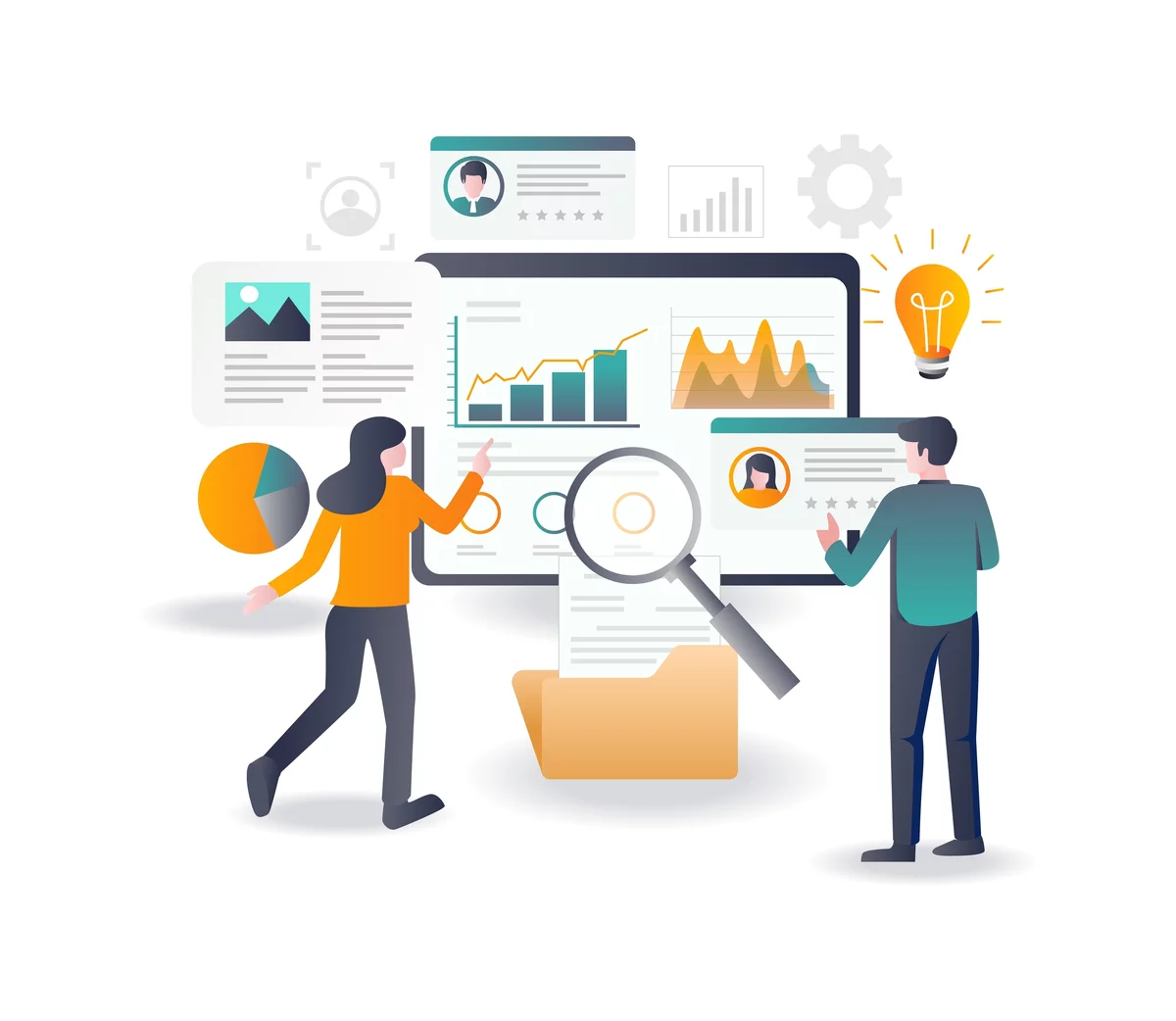 A graphic of people analyzing website data
